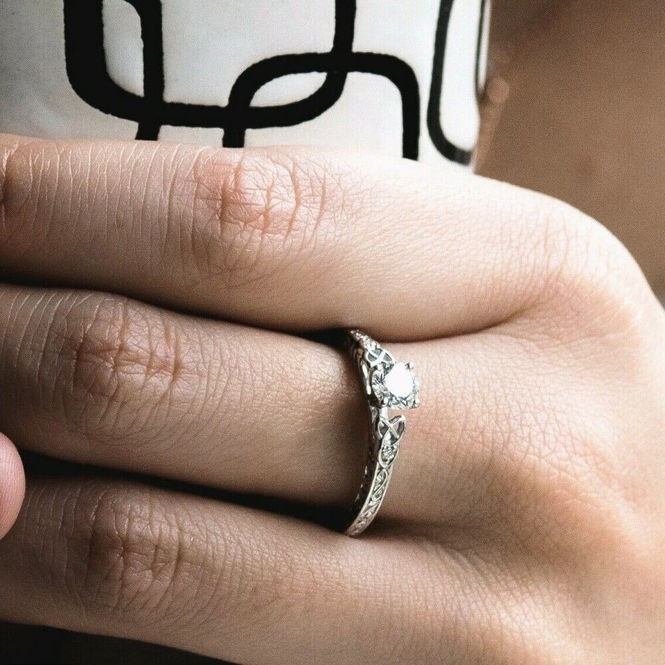 14k White Gold Over 1 Ct Round Solitaire Diamond Celtic Knot Wedding Ring Size 7 - Image 4 of 4