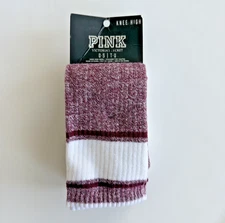 2 PAIRS VICTORIA'S SECRET PINK LOGO CREW  WHITE BURGUNDY KNEE HIGH SOCKS NEW