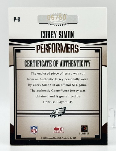 2005 Donruss Gridiron Gear Corey Simon Game Worn Patch 6/50 Philadelphia Eagles - Picture 2 of 2