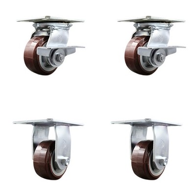 4 Inch Polyurethane Caster Set with Ball Bearing 2 Brakes and 2 Rigid SCC