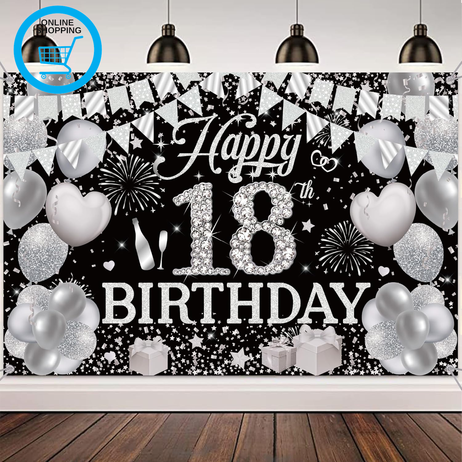 Happy 18Th Birthday Decorations Banner - Black Silver Birthday Banners Backdrop