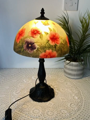 Vintage  Table Lamp- Reverse Painted Glass Floral Shade 25 cm diameter