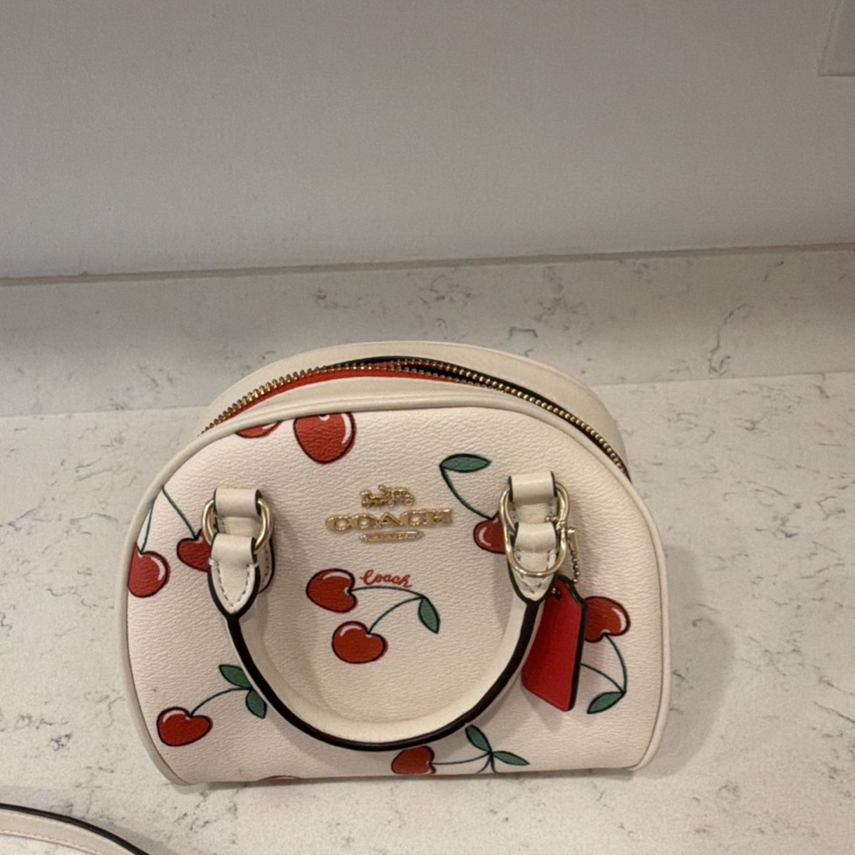 Coach Cherry Print Satchel Bag White/Red Detachable Strap Women's