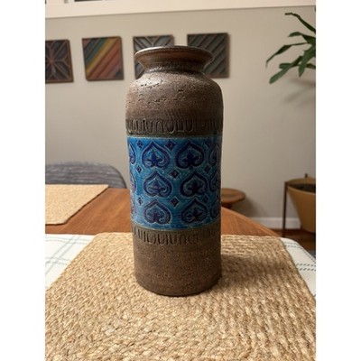Large Bitossi Aldo Londi Italian Ceramic Vase Rimini Blue Heart MCM 12.5  Tall