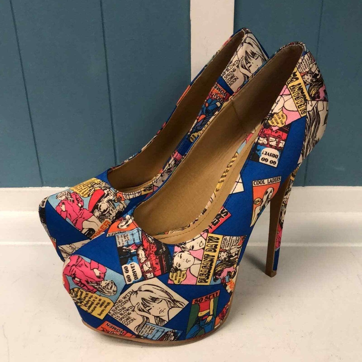 Shoe Republic woke blue Comic Book stiletto platform heels size 10
