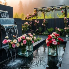 Digital picture waterfall by wall with Roses printable file