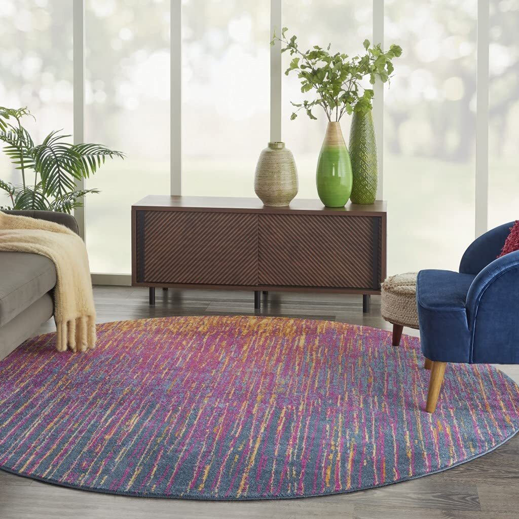8' Blue And Pink Round Abstract Power Loom Area Rug | eBay