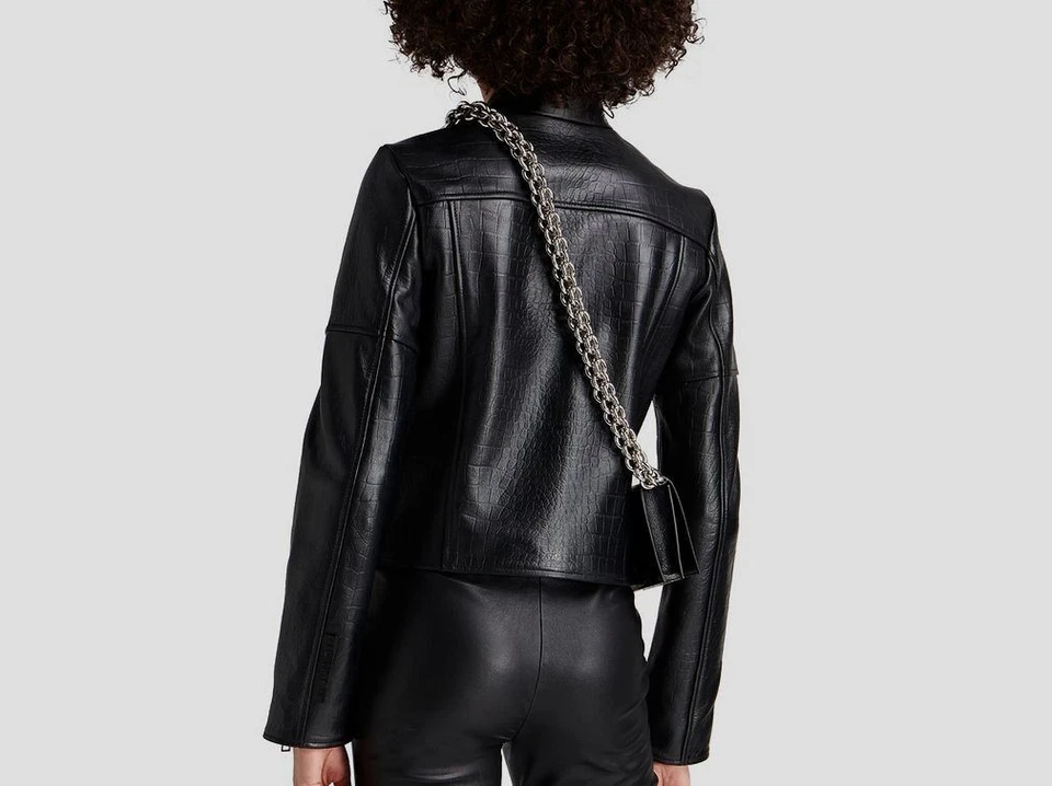 Jaqueta de motociclista Just Cavalli feminina preta efeito crocodilo couro de bezerro tamanho 42 - Imagem 3 de 4