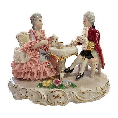 Dresden German Porcelain Lace Karl Heinz Kleete Couple Having Tea Figurine