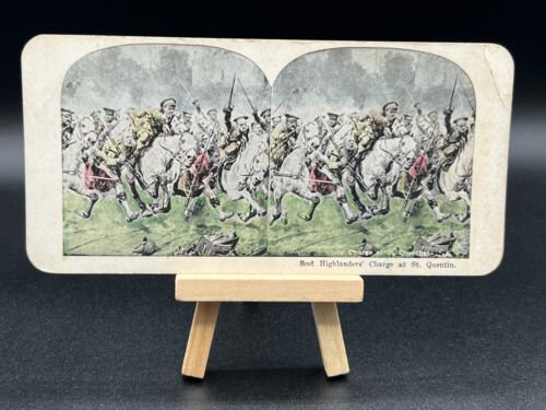 c1857-1890 ANTIQUE STEREO VIEW CARD WWI SCOT HIGHLANDERS CHARGE AT SAINT QUENTIN - Picture 1 of 3