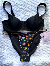 NWT Black Swimsuit Bikini Size Medium Padded Adjustable Bra Low Rise High Leg