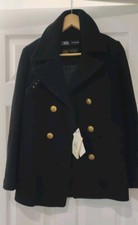 ZARA Black Manteco Italian Wool Blend Double Breast Peacoat