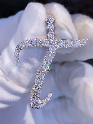 1.60Ct Round Moissanite Fancy ''T'' Letter Pendant 14k White Gold Plated Silver