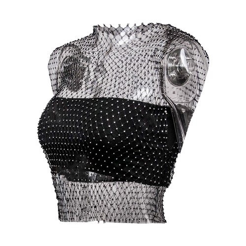Women Sexy Mesh Tank Tops Rhinestone Glitter See Through Hollow Out Crop Tops - Picture 19 of 57
