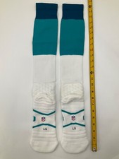 MIAMI DOLPHINS TEAM ISSUED NIKE WHITE/AQUA/NAVY FOOTBALL GAME SOCKS SIZE: LARGE