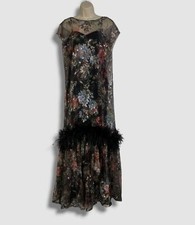 $1540 Badgley Mischka Women's Black Feather Embroidered Gown Dress Size 4
