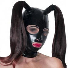 Latex Hood w/ Double Black Ponytail Wig Back Zipper Rubber Mask with Pigtail US