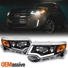 Black 2011-2014 Ford Edge Square Projector Headlights w/LED Light Bar Lamp 11-14
