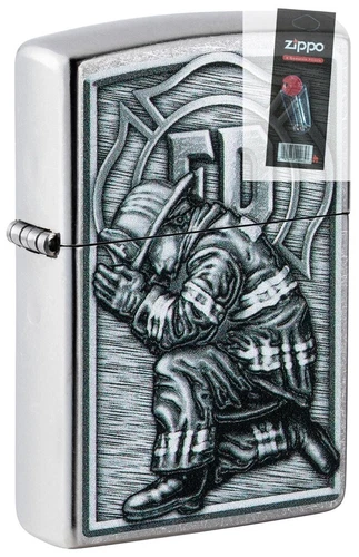 Zippo 49785 Firefighter Design Street Chrome Windproof Lighter + FLINT PACK