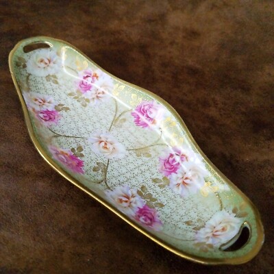R S Germany Celery Dish Relish Tray Peony Flowers Gold Accents Vintage 9'' x 4.5''