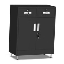 Metal Storage Cabinet with Locking Doors and 2 Drawers, Lockable Storage Black