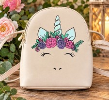 Girls Unicorn Mini Backpack Blush Floral Crown Faux Leather Cute Small Bag