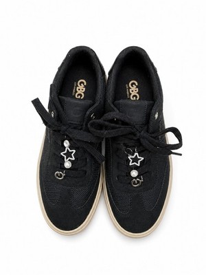 GBG Los Angeles Women's Black Mesh Suede Sneakers Star Pearl Rhinestone Accents