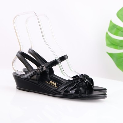 SAS Womens Strippy Sandals Size 11 NARROW Black Patent  Ankle Strap Wedge Shoes