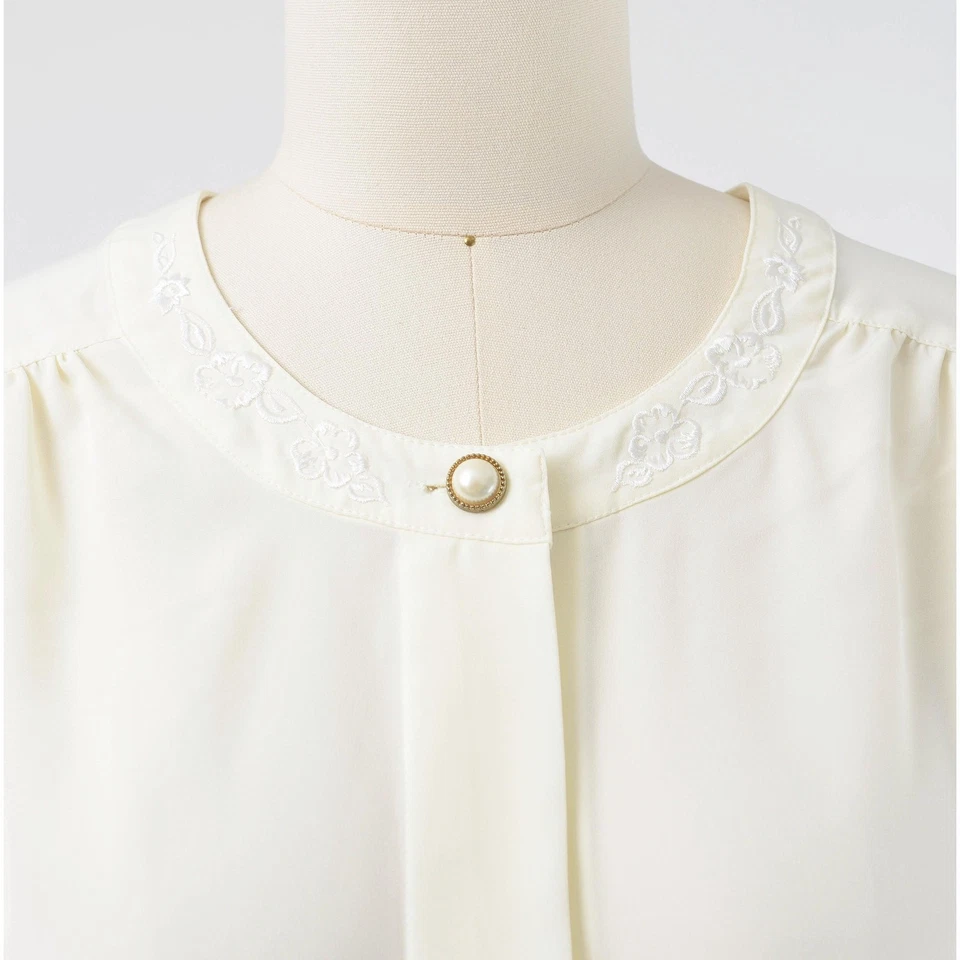 Blusa Vintage Años 90 Crema Bordada Minimal Romántica Floral Manga Corta Top L Foto 4 de 4