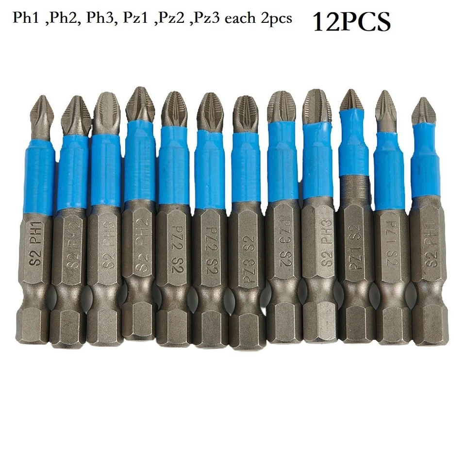 12 Pcs Magnetic Non-slip Screwdriver Bit Set 50mm Length PH1 2 3 PZ1 2 3 - Image 2 of 4