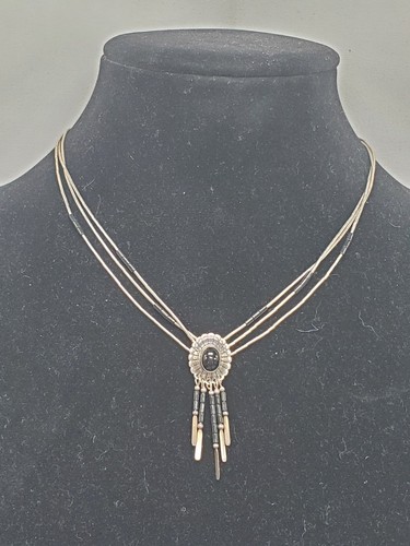 Southwestern 925 Sterling 3 Strand Liquid Silver & Onyx Tassel Pendant Necklace - Picture 2 of 11