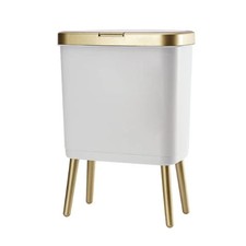 4 Gallon Slim Bathroom Trash Can with Lid White Gold Push Top Waste Bin