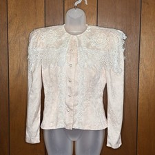 VTG 80 s Jessica McClintock Blouse 8 Pink Lace Pearl Buttons Victorian Cottage