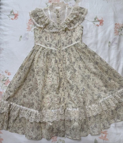 Vtg Gunne Sax Dress Girls SZ 10 Prairie Cottage 70s Lace Pearls Ruffles -Flaws