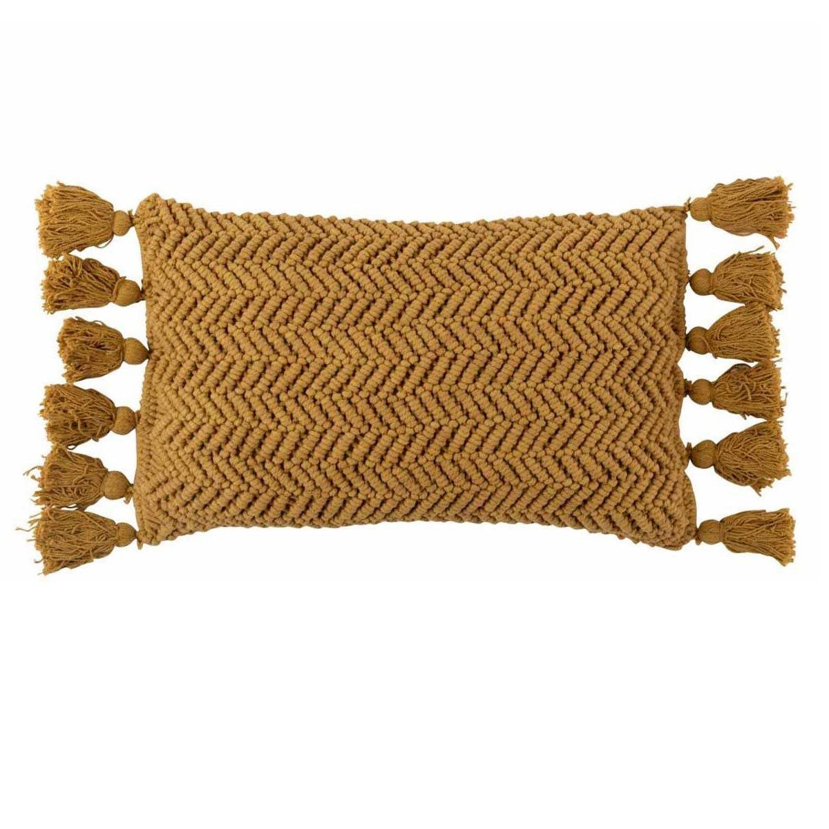 Coussin ocre 30x60 avec pompons Floche au style texturé