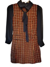 JTNY U Vtg. Tweed Twiggy Style Medium Short Dress Navy Blue Orange Long Sleeve