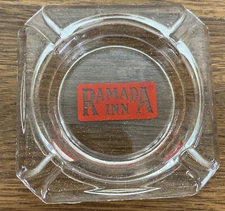 Vintage Ramada Inn Clear Glass Square Ashtray w/Red Lettering Advertising Promo
