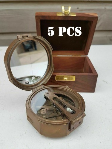 Antique Nautical 3" Brass Brunton Compass With Wooden Box LOTS OF 5 PCS - 第 1/5 張圖片