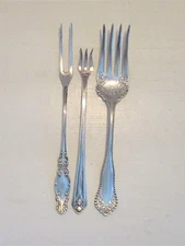 3 Antique Cold Meat & Seafood & Meat Forks Rogers, Winthrop, Soukup Silver Plate