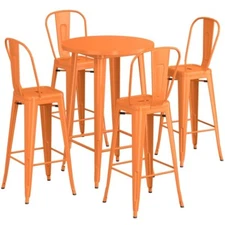 30" Round Orange Metal Restaurant Bar Table Set with 4 Cafe Barstool Chairs