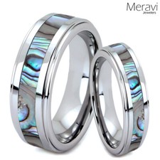His & Hers Abalone Shell Tungsten Carbide Men's Women's Silver Wedding Band Ring