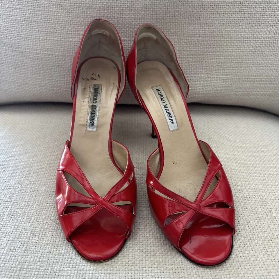 Zapatos de salón MANOLO BLAHNIK 40,5 charol rojo punta abierta 9,5 Foto 4 de 4