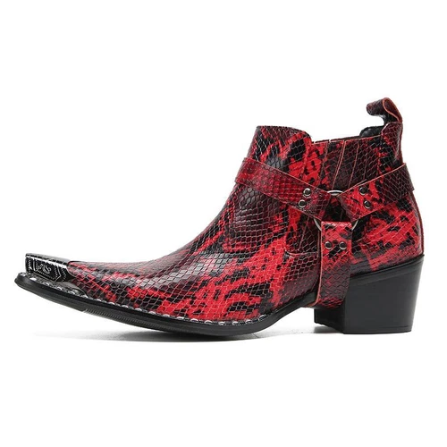 Men High Heel Rivets Snakeskin Pattern Serpentine Leather Metal Toe Ankle Boots - Picture 8 of 22