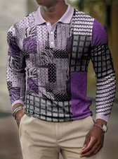 Polo T Shirts Button Up Collar Rectangular Color Block Trim Golf Long Sleeve Tee