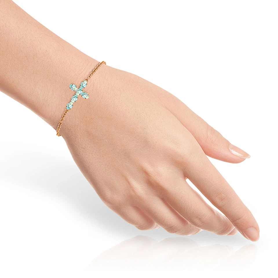 14K. SOLID GOLD CROSS BRACELET WITH NATURAL AQUAMARINE - Image 3 of 4