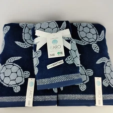 CARO Home (2) Bath (2) Hand Towels Sea Turtles Nautical Ocean Reversible Blue