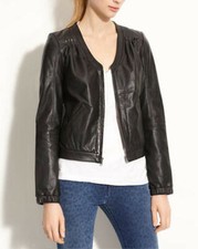 Leith Lambskin Genuine Leather Yoke Crop Jacket Sz S Black Mrsp $498