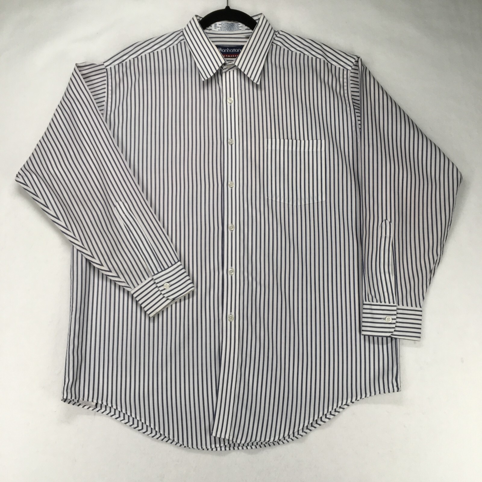 MANHATTAN SHIRTMAKERS Vintage Men's Shirt Size 17 Striped Blue Made USA