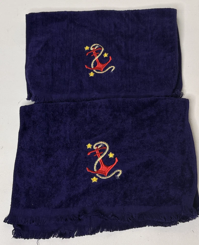 Par de toallas de mano náuticas vintage Saturday Knight Ltd. ancla azul marino Foto 4 de 4