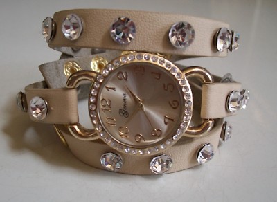 Number Dial Beige & Gold Wrap Around Sparkly Rhinestones Fashion Women's Watch
